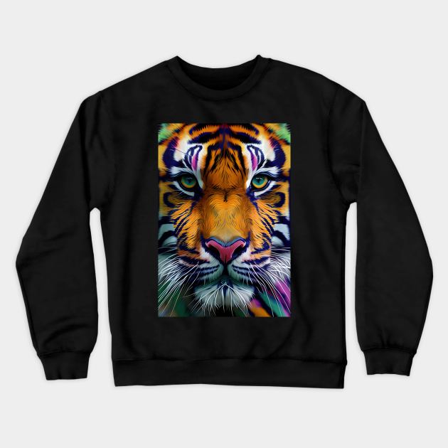 Pop Art Tiger Face In Vibrant Colors - A Unique and Playful Art Print For Animal Lovers Crewneck Sweatshirt by Whimsical Animals